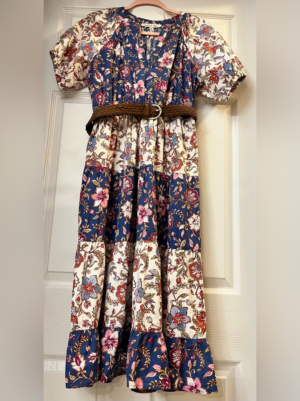 Floral Tiered Midi Dress Women’s S Pink Navy